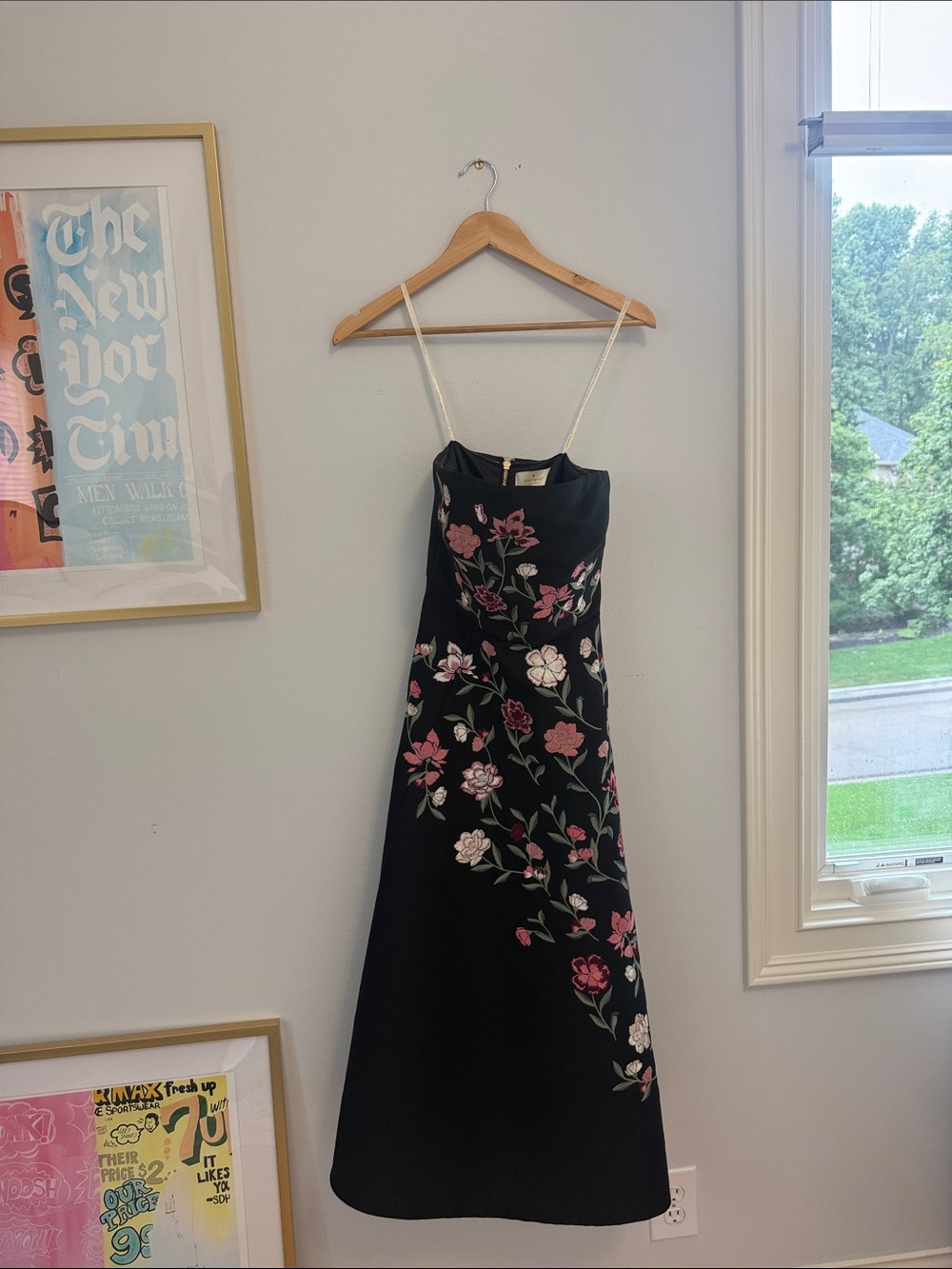 Kate Spade Strapless Black Floral Embroidered Midi Dress